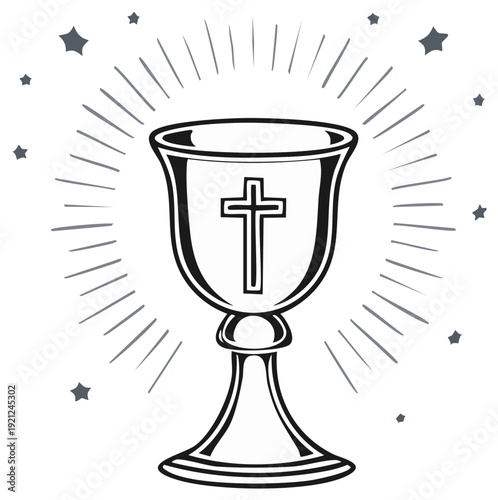 Sacred Chalice with Cross Symbol Radiant Light and Stars Religious Ceremony Icon