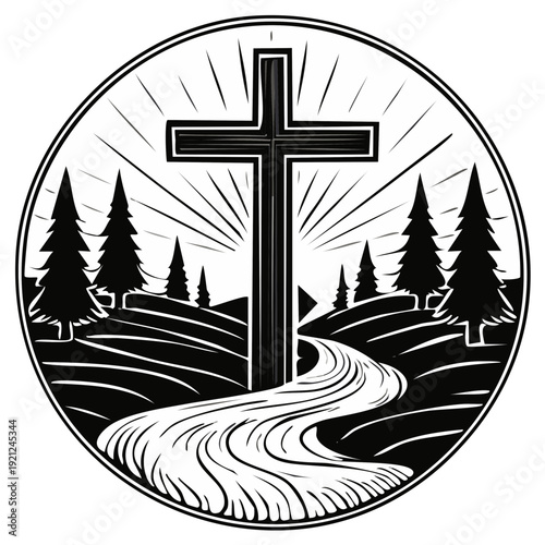 Christian cross on a hill with a winding path and radiating light symbolizing faith and hope