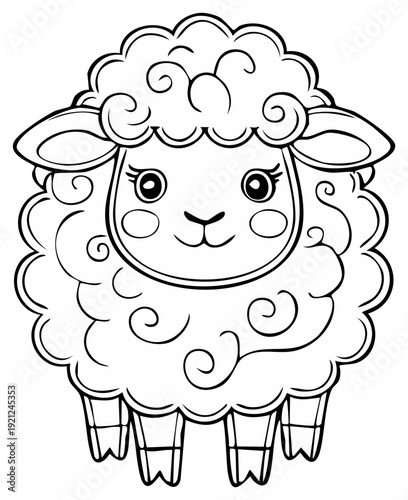 Cute cartoon sheep, playful drawing, simple line art, farm animal character, innocent eyes, woolly fleece