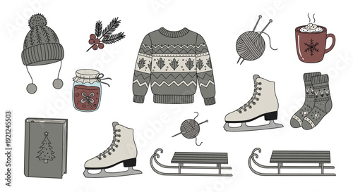 Cozy winter collection featuring items such as a patterned sweater, ice skates, a warm hat, sleds, hot cocoa, and a book.