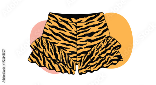 Playful pair of tiger-print female shorts featuring stylish ruffles on the legs set against soft pink and orange circles.