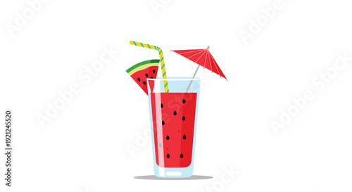 Refreshing cold watermelon smoothie in a tall glass decorated with a colorful straw and a small red cocktail umbrella.