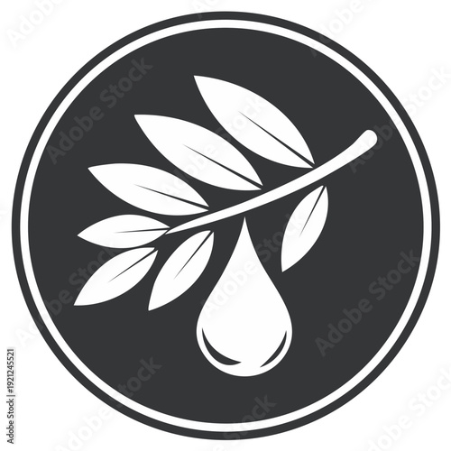 Simple graphic icon with olive branch and oil drop on dark circular background representing natural health or organic product
