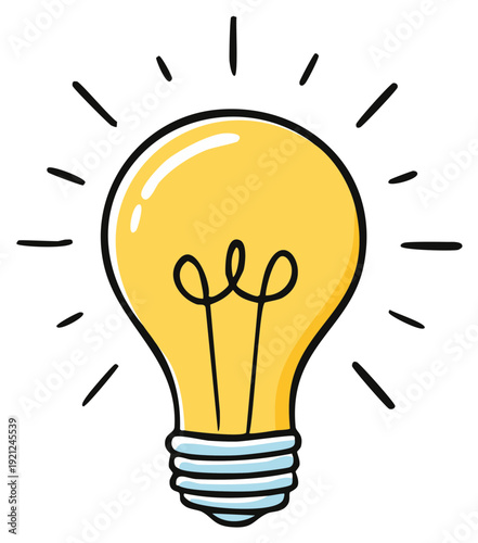 Drawn incandescent light bulb glowing with radiating lines symbolizing inspiration and innovation