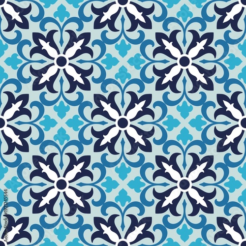 seamless decorative composition featuring stylized botanical shapes in layered blue tones. Ideal for garments, accessories, stationery, and eye-catching visual projects.