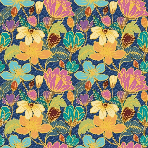 Seamless multicolor bloom composition with rich tones on a deep backdrop, perfect for garments, accessories, branding, stationery, and eye-catching visual projects.