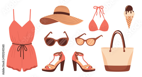 Complete collection of summer essentials including a pink romper, straw hat, sunglasses, sandals, a beach bag, and ice cream.