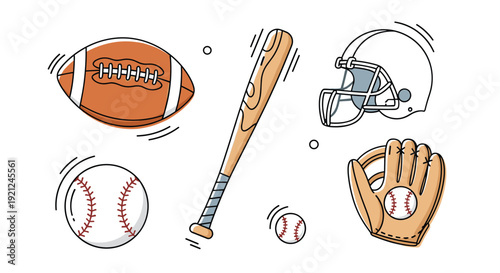 Collection of various sports equipment including an american football baseball bat helmet and leather catcher glove.