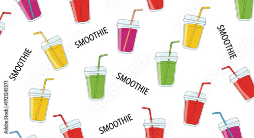 Colorful smoothie pattern with various fruit drinks in plastic takeaway cups with straws and the word smoothie.