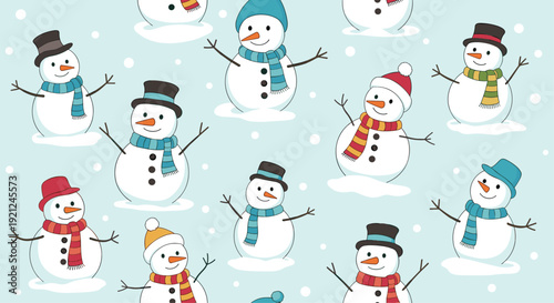 Festive winter pattern of various cute snowmen wearing different colorful hats and striped scarves on a blue sky.
