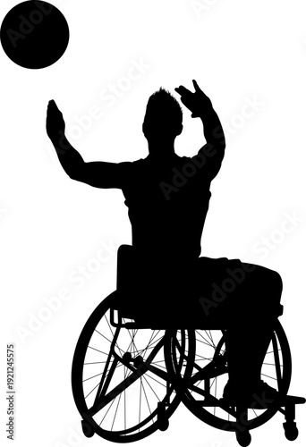 Silhouette of a male wheelchair basketball player extending arms forward, releasing the ball in an overhead shooting motion.