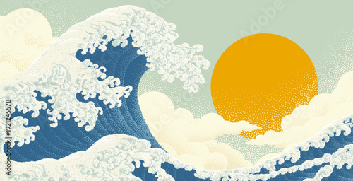 A Japanese style great wave sea design. Original illustration in a vintage retro dots or halftone pointillism style