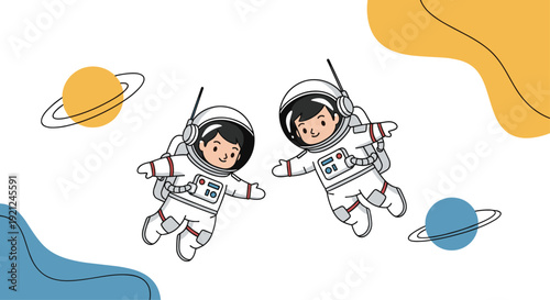 Two cute young astronauts in white spacesuits floating together in outer space near colorful planets and stars.