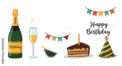 Happy birthday celebration elements including a bottle of champagne cake with candle party hat and colorful bunting.