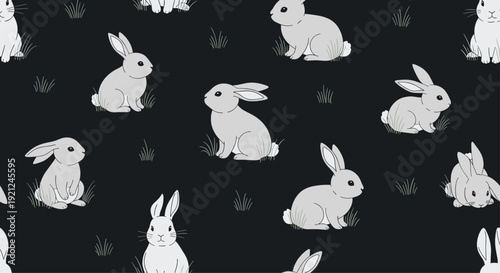 Seamless pattern of cute white and grey rabbits hopping among tufts of grass on a dark black background surface.