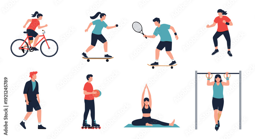 Fototapeta premium Diverse group of active people engaging in various sports including cycling, skateboarding, tennis, boxing, yoga, and skating.