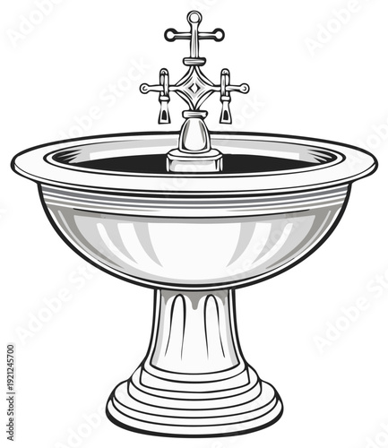 Silver Baptismal Font with Decorative Cross and Intricate Design