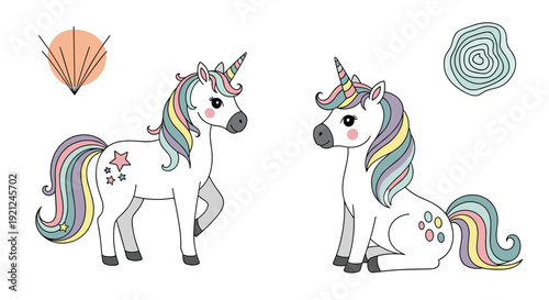 Cute unicorn illustration featuring two magical creatures with rainbow manes and tails standing and sitting on white background.