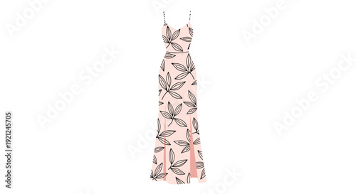 Elegant pink maxi dress featuring black leaf patterns with thin shoulder straps and a side slit on a white background.