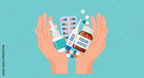 Hands carefully cradling a collection of medical supplies including capsules, syrup, nasal spray, and digital thermometer on blue.