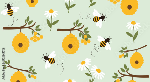Charming seamless pattern featuring cute cartoon bees, hanging honey beehives on tree branches, and beautiful white daisy flowers.