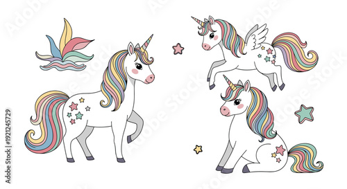 Enchanting set of three distinct unicorn illustrations with rainbow manes and tails accompanied by colorful stars and a magic leaf.