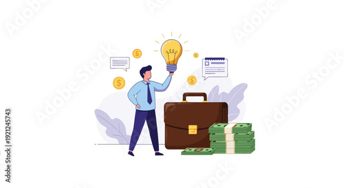 Inspired businessman holding a bright lightbulb standing beside a large leather briefcase and massive stacks of green banknotes.