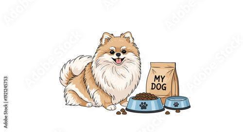Adorable fluffy pomeranian dog sitting next to its blue food and water bowls beside a large brown bag of specialized dog food.