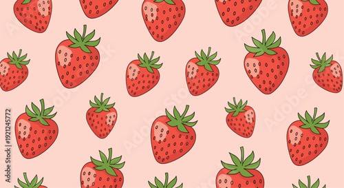 Delicious seamless pattern featuring ripe red strawberries with green leaves scattered across a soft pastel pink background.