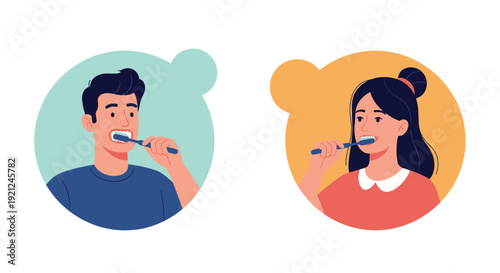 Healthy man and woman practicing good oral hygiene by carefully brushing their teeth with blue toothbrushes in colored circles.