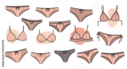 Extensive collection of women's lingerie featuring various styles of bras and matching underwear in soft pink and grey tones.