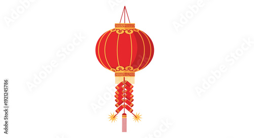 Vibrant traditional red Chinese lantern adorned with gold patterns and a long string of festive firecrackers for a celebration.