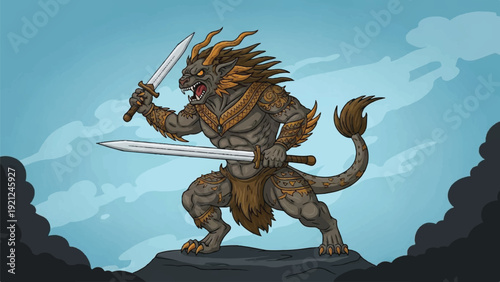 Epic fantasy warrior werewolf wielding sword under cloudy night sky.