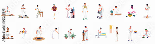 A man's comprehensive journey through diverse self-care and wellness practices, including meditation, yoga, healthy eating, journaling, and mindful routines for holistic well-being.