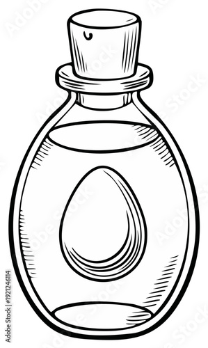 Ink drawing of a bottle with a potion and an egg inside. Black and white illustration.