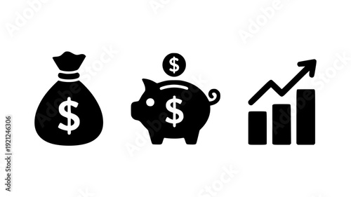 Financial Icons Silhouette Set Money Bag Piggy Bank Wallet and Growth Chart Transparent Background