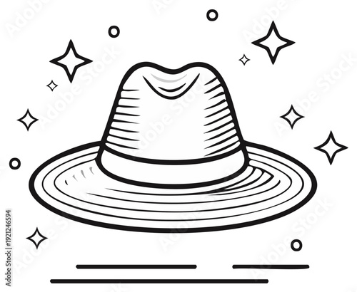 Retro hat illustration with stars and dots in line art style for decoration and creative projects. Stylish headwear