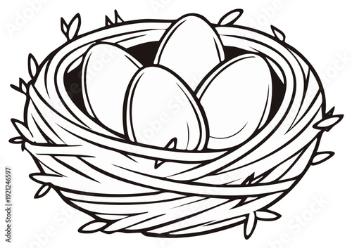 Bird's nest containing four oval-shaped eggs in a simple line art illustration