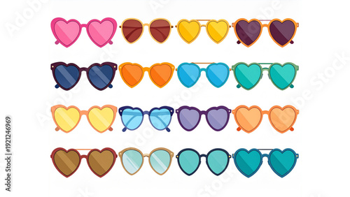 Stylish sunglasses silhouette vector set with heart star cat eye and round frames isolated on white background for fashion and summer designs