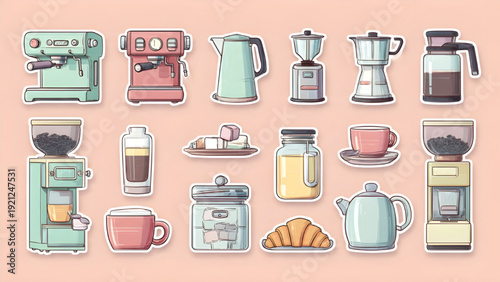 Coffee Maker Tools and Drinks Sticker Set, Cozy Cafe Illustration Bundle
