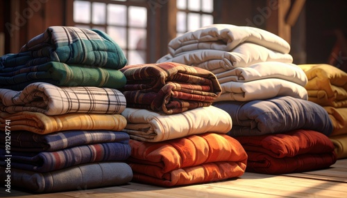 Photorealistic DSLR capture of FlyPro Firefly's assorted blankets made of warm, insulating material, neatly folded and stacked in a cozy display.