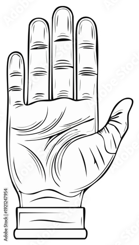 Black and white illustration of an open human hand displaying fingers and palm lines