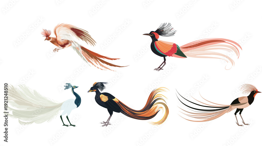 Fototapeta premium Elegant papiya bird with long tail feathers spread, graceful tropical avian perched in natural setting with detailed plumage, exotic wildlife illustration symbolizing beauty and freedom in serene land