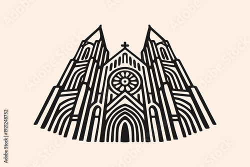 Majestic Gothic Cathedral Architecture Icon Line Art Illustration