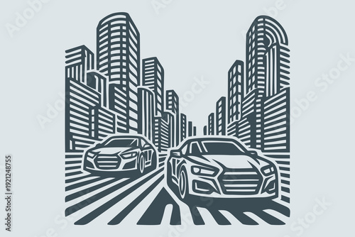 Modern City Cars Driving Urban Road Vector Illustration