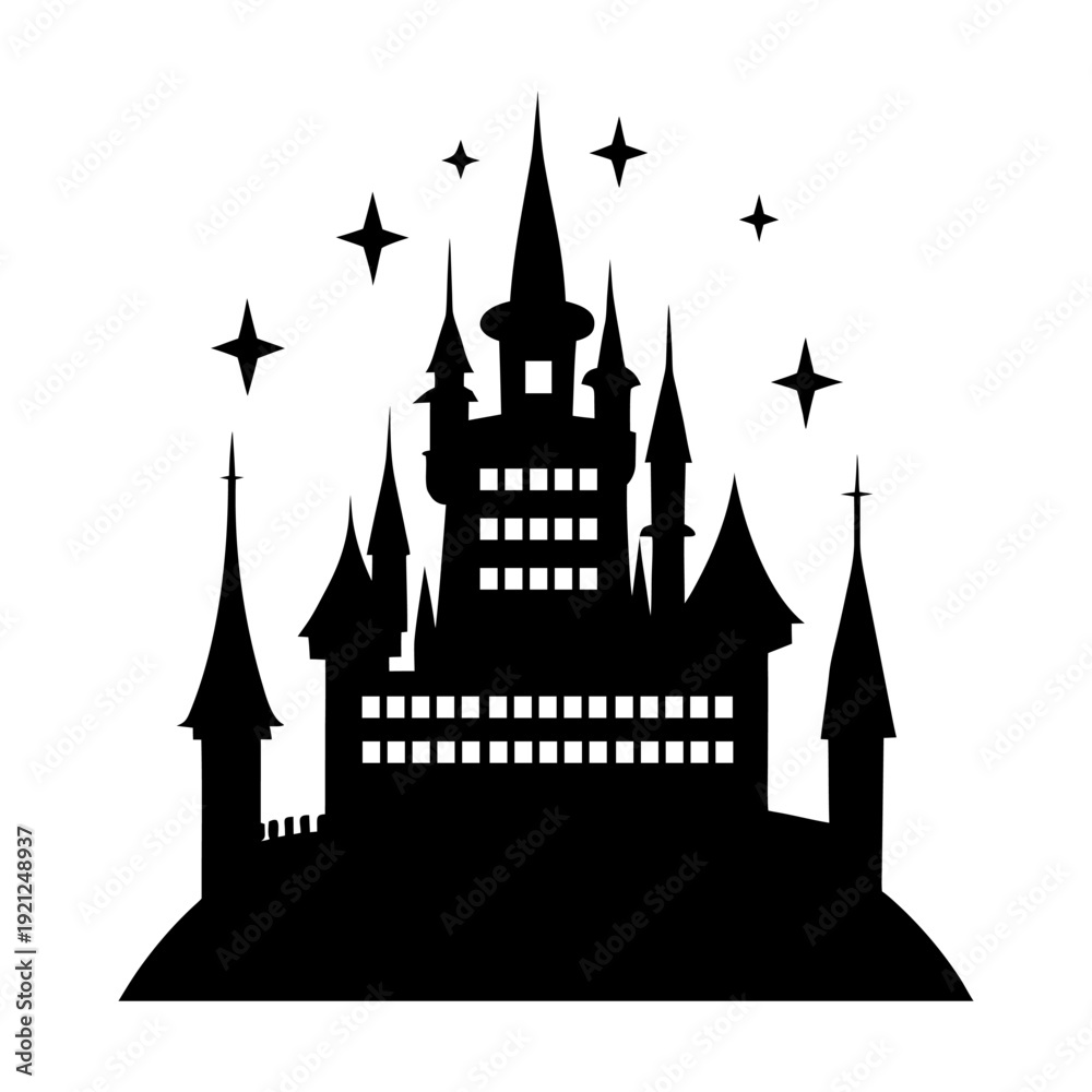 Fototapeta premium Fairy Tale Medieval Castle Silhouette with Starry Night Sky.
