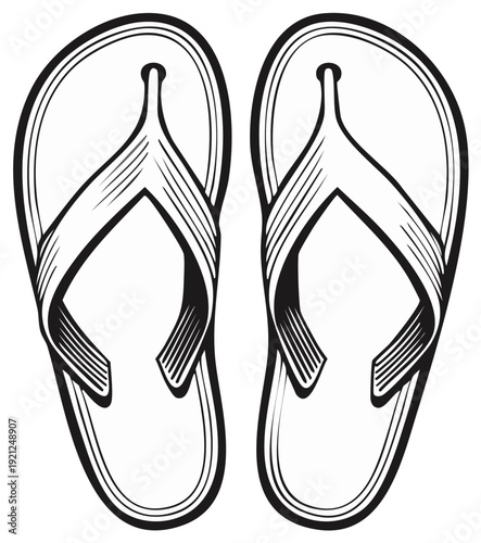 Illustration of a pair of flip-flops in black and white.