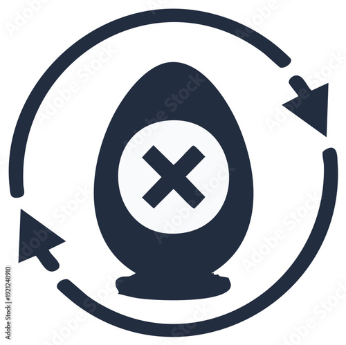 Egg icon with cancel symbol and circular arrows indicating process or exclusion