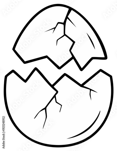 Black and white illustration of a cracked eggshell revealing the interior