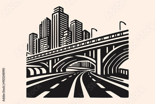 Urban Cityscape with Elevated Highway and Skyscrapers Illustration